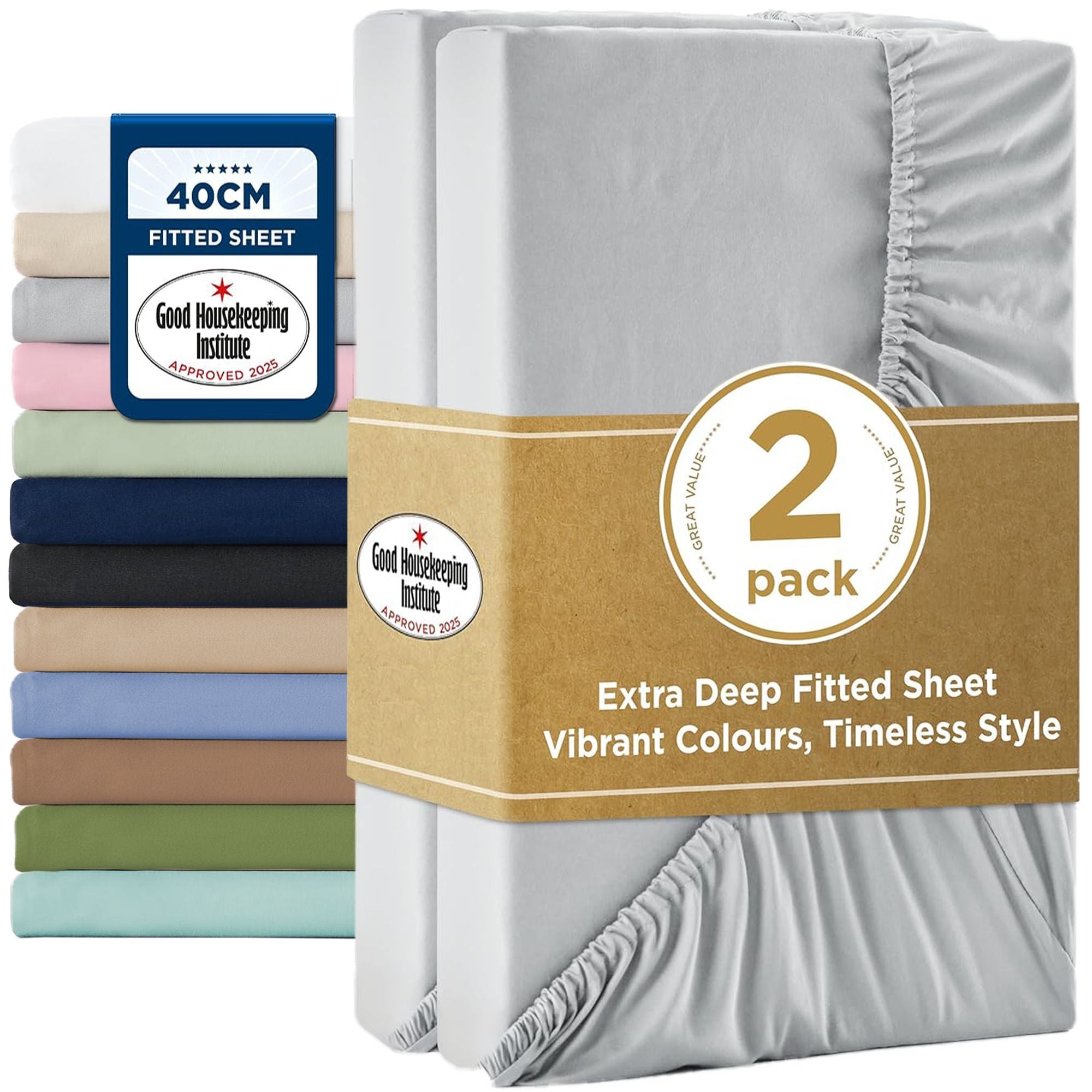 2000TC Hotel Quality Fitted Sheets - 2 Piece Fitted Sheets -Breathable Bedding - Wrinkle, Fade, Stain Resistant- 16inch/40cm Deep Pocket Fitted Bed Sheets-Wrinkle and Fade Resistant,(Silver-gray,Double)